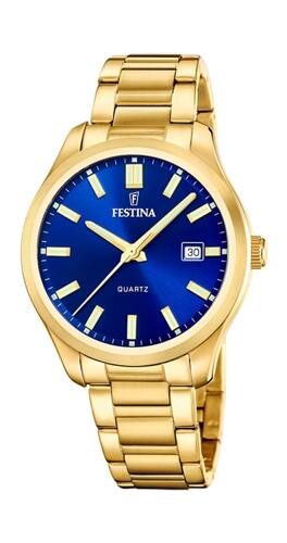 Festina kullanvärinen miesten kello, metallirannekkeella, sininen taulu